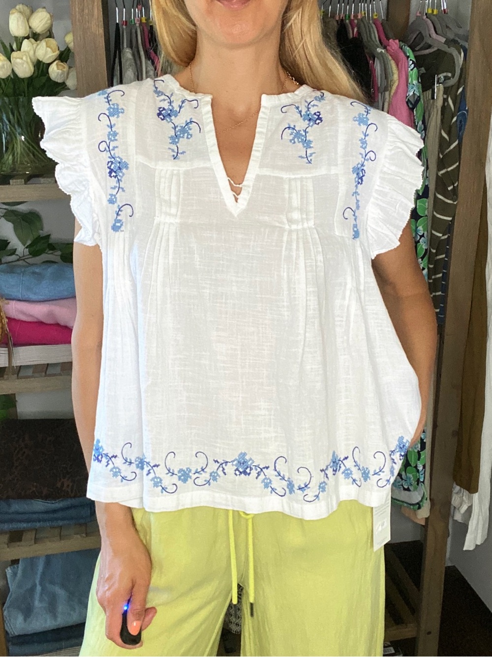JENNIFER & GRACE White Embroidered Flutter Sleeve Top with Blue Floral Detail! 💙